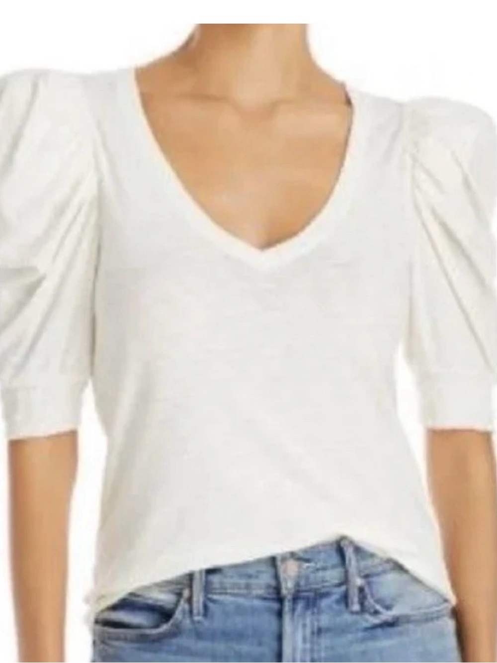 Nation LTD White V-Neck Puff Sleeve Tee